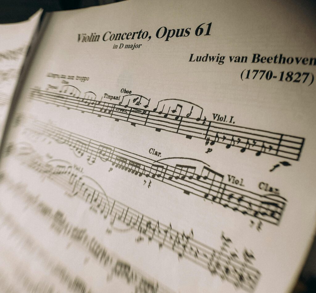 A detailed view of Beethoven's Violin Concerto sheet music, showcasing musical notes and dynamics.